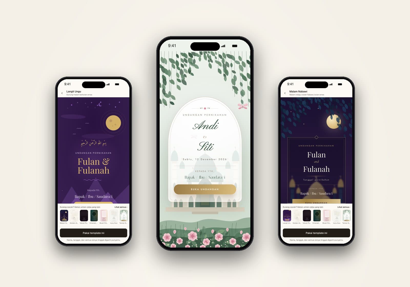 Bersanding wedding invitation templates on three phones, with an example invitation opening in the middle